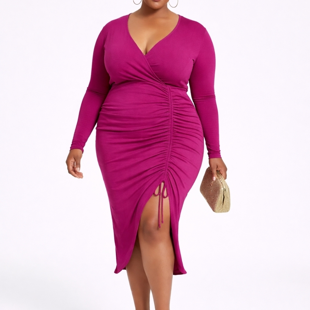 Nina Parker Magenta Ruched Midi Dress Long Sleeve Curve Hugging Size 3XL